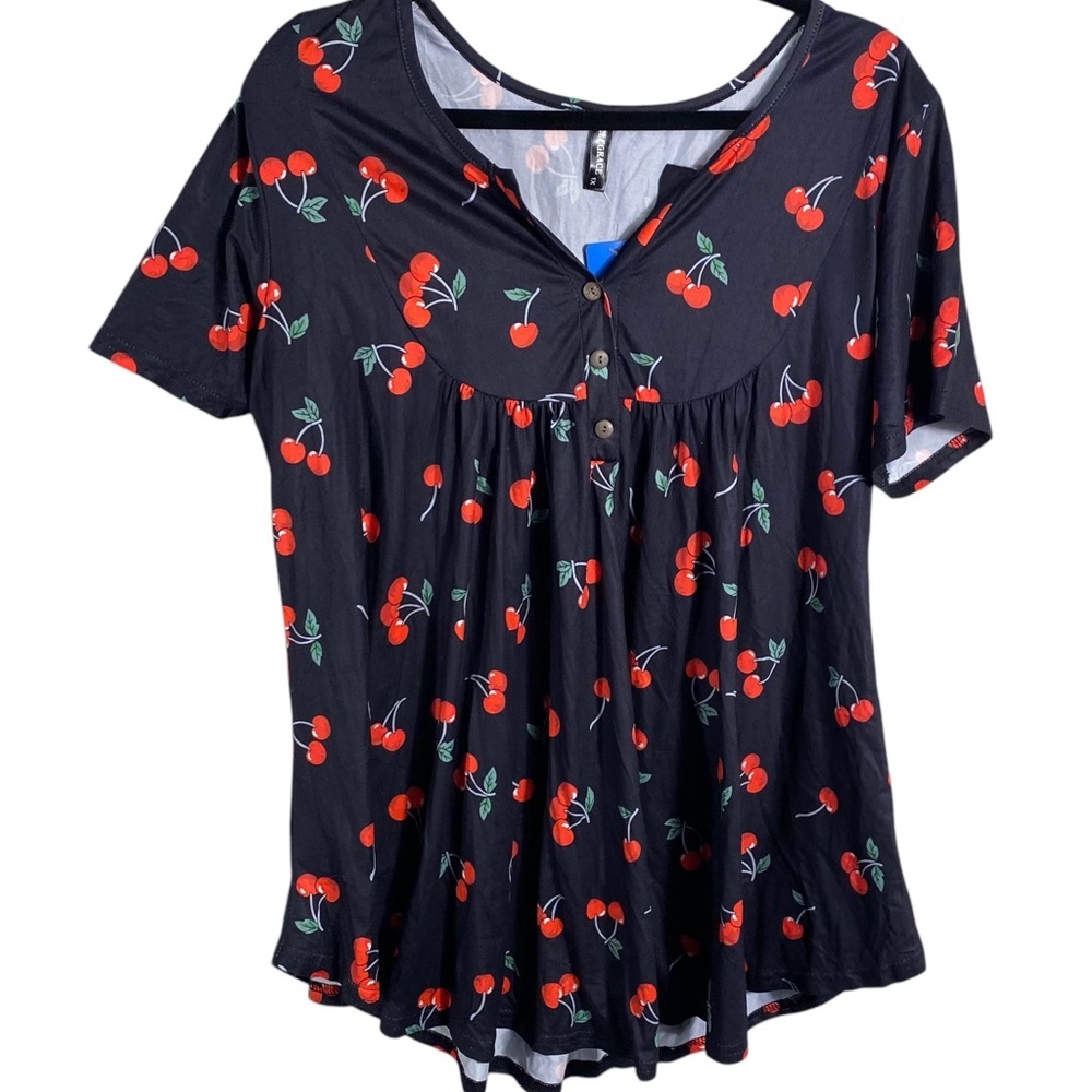 Allegrace whimsical Cherry Print Short sleeve Top 1X NWT